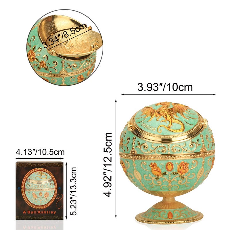 K COOL Pterosaur Windproof Ashtray with Flip Lid for Cigarette Metal Portable Smoking Tobacco Ashtray Indoor Outdoor, Handicrafts Rose Pattern Classy Gift for Women Men (Jade Green- Golden) - Image 3
